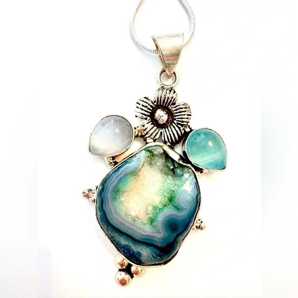 Natural, 2 inch, silver, Willow Leaf Chrysocolla pendant on a silver chain . - Picture 2 of 5